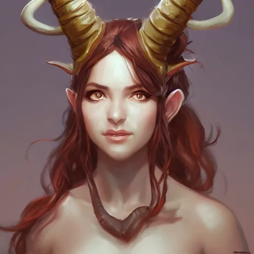 Image similar to cute Whimsical Tiefling Druid with cute horns , light-brown skin, D&D, fantasy, portrait, highly detailed, digital painting, artstation, concept art, sharp focus, illustration, art by artgerm and greg rutkowski and magali villeneuve