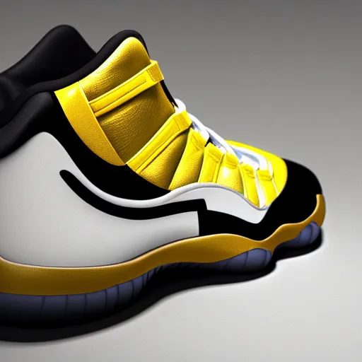 Image similar to jordan 1 1 sneakers. black and gold, bright, colorful, glossy, 3 d, arnold render, vray render, artstation, 4 k, very detailed, post processing