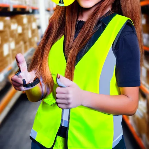 Prompt: photo, close up, ariana grande in a hi vis vest, in warehouse, android cameraphone, 2 6 mm,