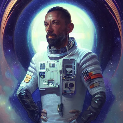Prompt: portrait of a techno wizard astronaut with an epic cosmic background, intricate, elegant, highly detailed, digital painting, artstation, smooth, sharp focus, illustration, art by artgerm and greg rutkowski and alphonse mucha