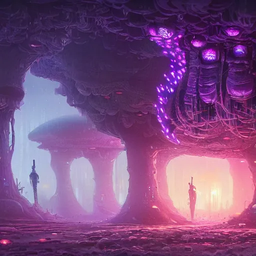 Image similar to concept art detailed painting of a dark purple fungal city made of mushrooms, with glowing blue lights, in the style of jordan grimmer and neil blevins and wayne barlowe