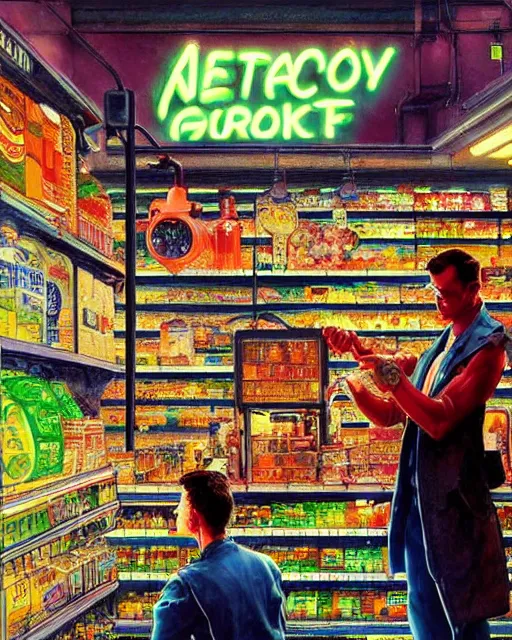 Image similar to cyberpunk man shopping at a neon soaked grocery store, science fiction painting, elegant intricate digital painting artstation, art by norman rockwell, detailed