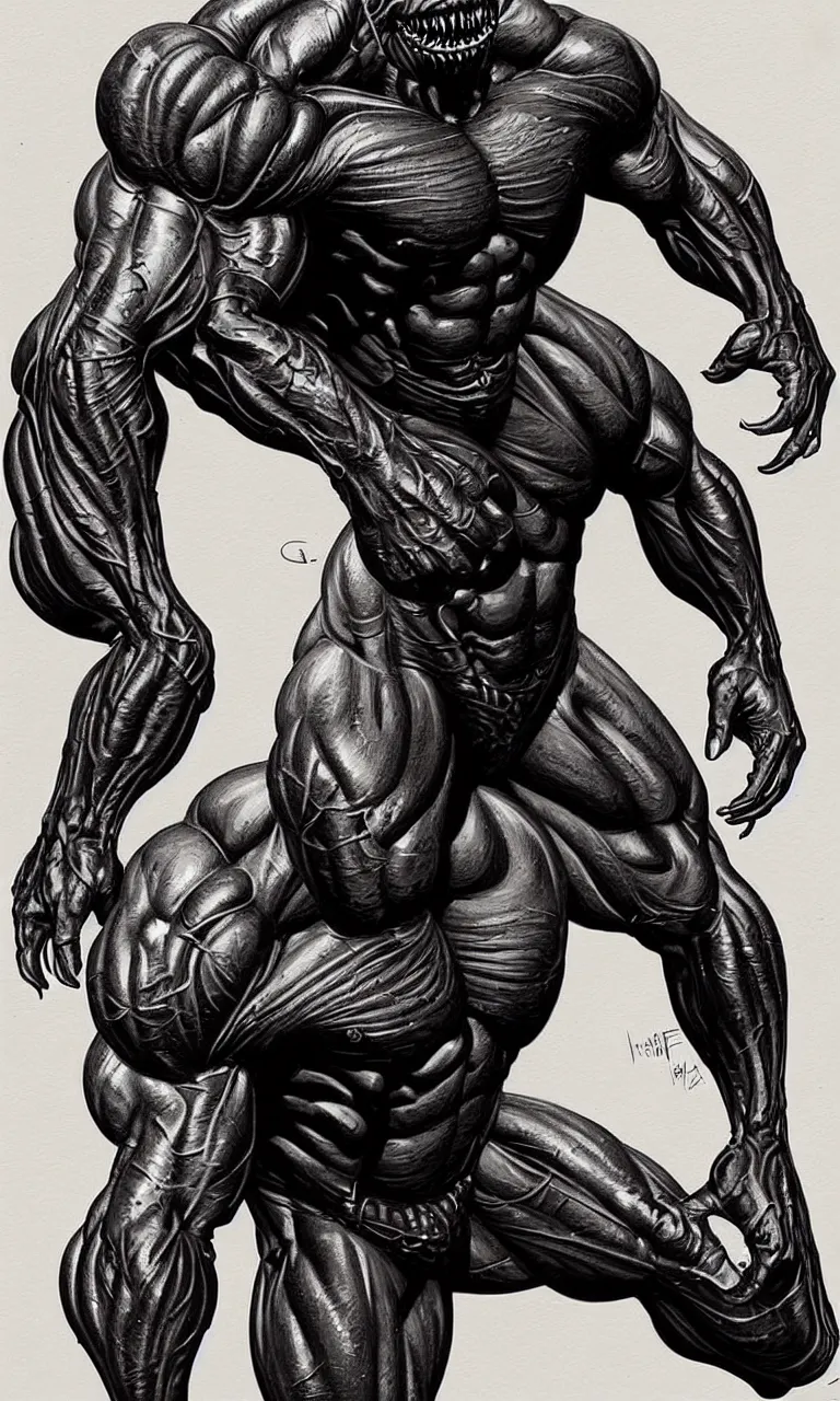 Image similar to legs and feets study of hyper realist full body long shot portrait of bodybuilder venom from marvel comics!!!!, large mouth with teeth, large tongue, lovecraftian horror!!, fantasy, intricate, elegant, highly detailed, digital painting, artstation, concept art, matte, sharp focus, illustration, art by glenn fabry and giger