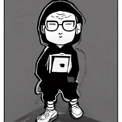 Prompt: a comic noir illustration of a 1 5 year old in a black hoodie with the hood on his head wearing black pants and shoes and round sunglasses and a mask, intricate details, trending on artstation, fancy, muted colors