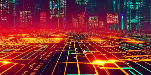 Prompt: glowing chains of interconnected network of technological cubes floating in the middle of a cyberpunk tokyo 2 0 9 9 city, in the art style of dan mumford and marc simonetii