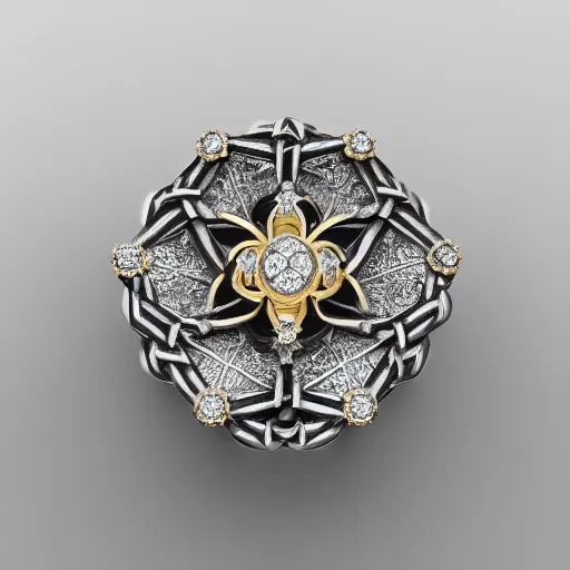 Image similar to intricate!! nordic ring and necklace and ear, silver and gold and diamond, isolated on a white background and a flower in the background, refraction, occlusion, filigree, lower and upper levels, keyshot render, octane render, vray render