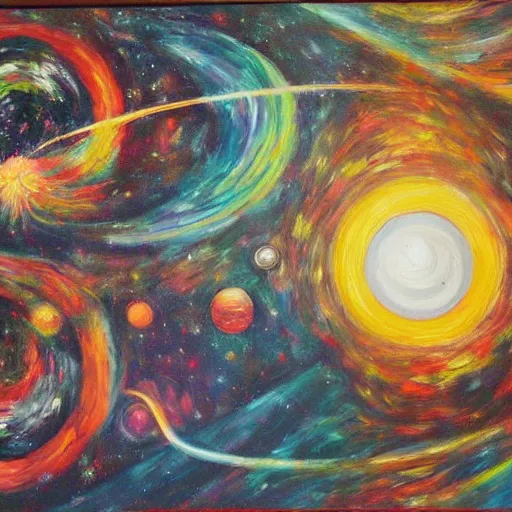 Prompt: alan watts on lsd, oil painting, space, planets, smoke, dreamy