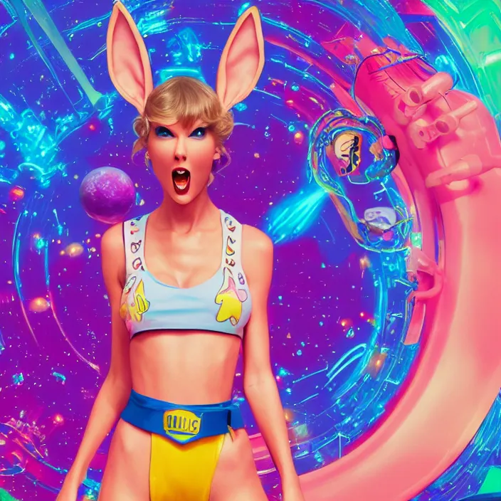 Image similar to portrait of Taylor Swift as Lola Bunny in Space Jam 1996. bunny ears. intricate abstract. intricate artwork. by Tooth Wu, wlop, beeple, dan mumford. octane render, trending on artstation, greg rutkowski very coherent symmetrical artwork. cinematic, hyper realism, high detail, octane render, 8k