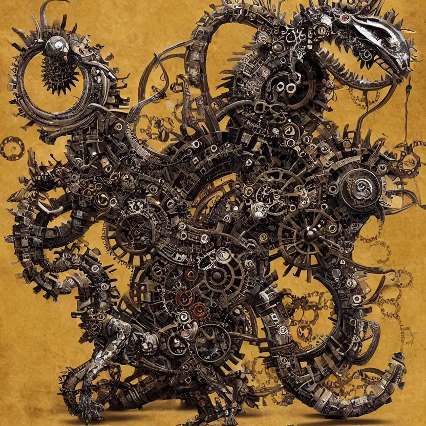 Image similar to steampunk dragon made of clockwork gears. whimsical fantasy art. award winning painting. highly detailed digital art. masterpiece. trending on artstation