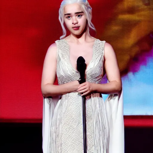 Prompt: daenerys targaryen on stage singing kpop music