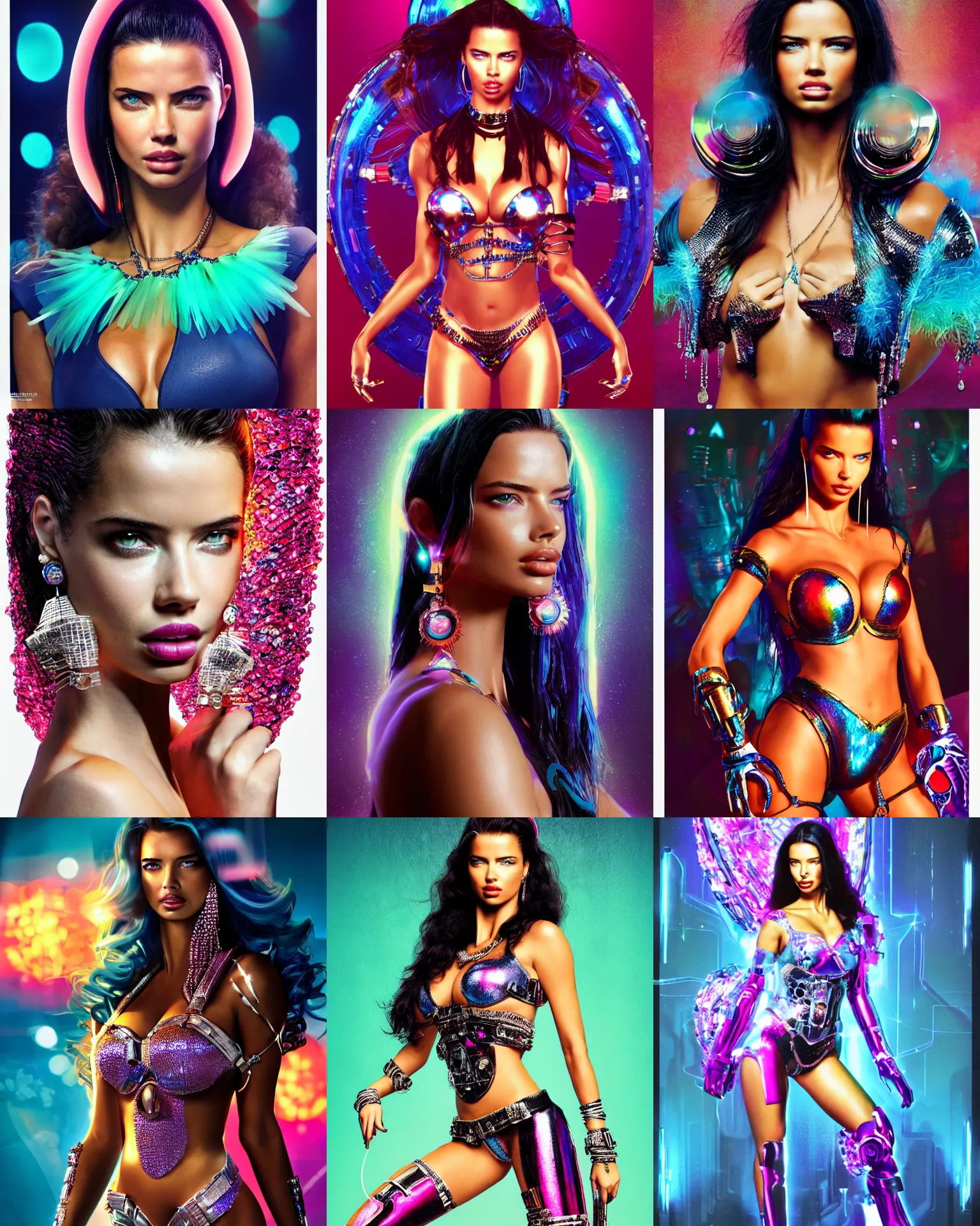 Prompt: BOTS movie poster body portrait of adriana lima :: as a pearlescent shiny teen cyborg looking at the camera :: artsy photoshoot, hair worn up, elaborate earrings and oled jewelry, bold rave outfit, :: trending on artstation, morning, anime, ue5, sci-fi, :: nixri, Greg rutkowski, beeple, ::