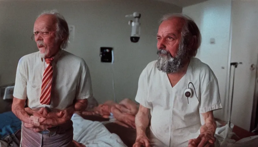 Prompt: 7 0 s movie still of a old man with a spiral on the chest in the hospital, cinestill 8 0 0 t 3 5 mm eastmancolor, heavy grain, high quality, high detail