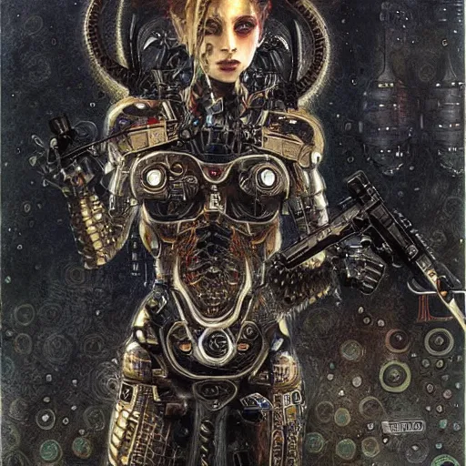 Prompt: cybernetic female demon supersoldier armed with laser rifle, intricate detail, klimt, royo, whealan,