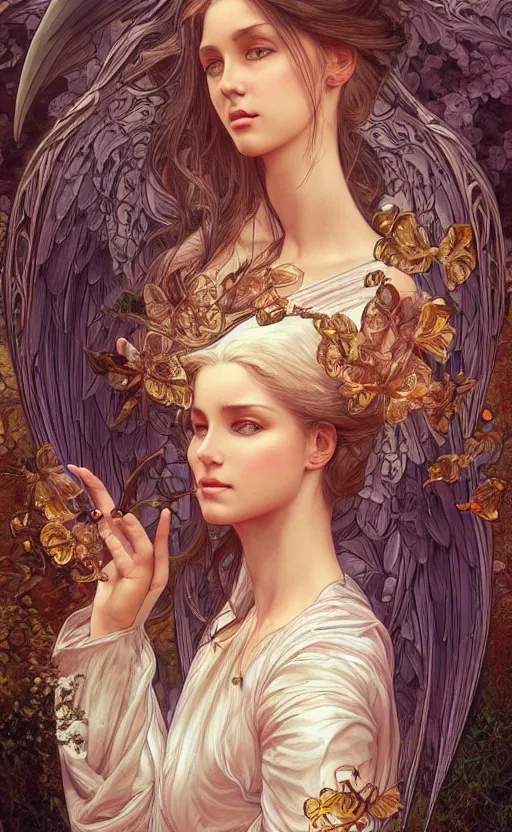 Prompt: a photograpic portrait of a pretty woman, angel, fantasy, intricate, elegant, highly detailed, digital painting, artstation, centered, concept art, smooth, sharp focus, arc, illustration, art by artgerm and h r giger and alphonse mucha