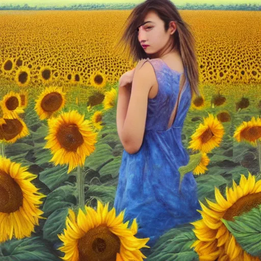 Image similar to a girl in amazing tall sunflower field, her hair flowing down, subtle, intricate details, real masterpiece, surreal, oil on canvas, by somsak anong