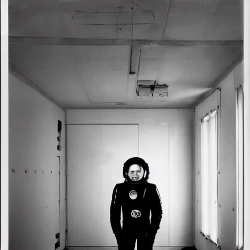 Prompt: portrait of a soviet astronaut in the empty room, black & white photo by annie leibovitz