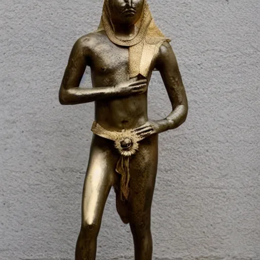 Image similar to Babylonia statue with head covered of gold, chest covered of silver, stomach and thighs covered in bronze, legs and feet covered in iron and clay, award winning photography