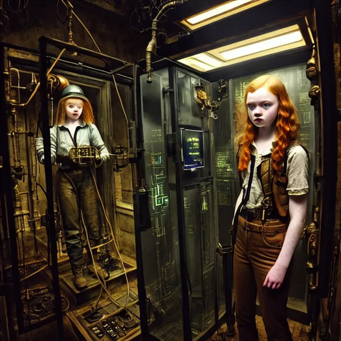 Image similar to sadie sink as a miner inside a minimalist steampunk automated kiosk with options to choose from. scifi cyberpunk. by gabriel hardman, joe alves, chris bonura. cinematic atmosphere, detailed and intricate, perfect anatomy