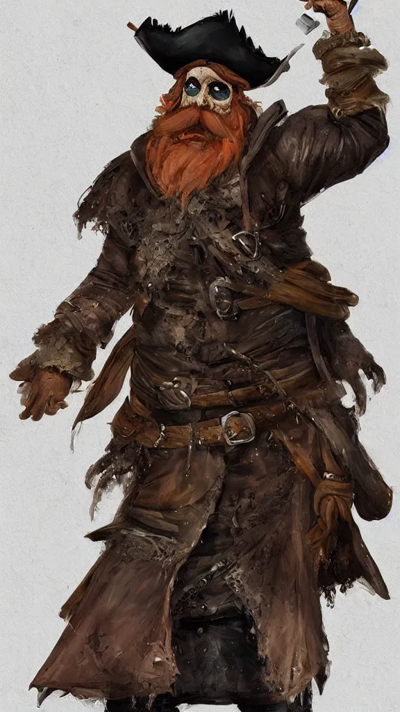 Prompt: a detailed painting of a drunken pirate with a big ginger beard and a large moustache, ginger hair, ugly, bags under his eyes, dark eyes, he wears a big coat, scruffy. character concept art. fashion. dnd. trending on artstation.