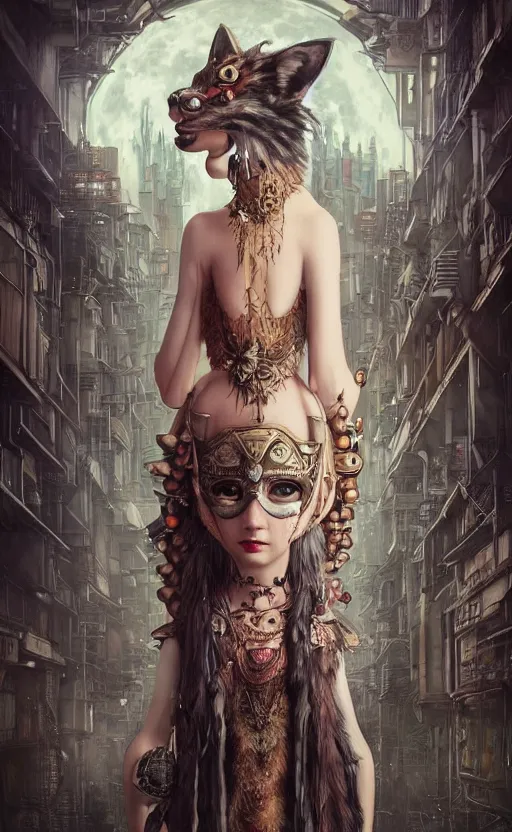 Image similar to hyper realistic Princess Mononoke, ornate mask magic, wet market street, cyberpunk metropolis, city landscape, jewels, full body pose, full moon, wolf by her side, style of tom bagshaw, mucha, james gurney, norman rockwell, denoised, sharp