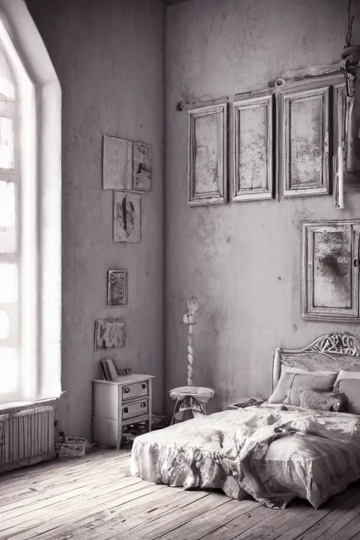 Image similar to matte sharp photo realistic shabby chic room with windows, artstation behance