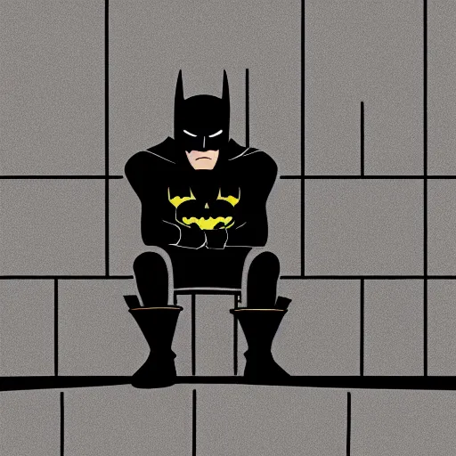 Prompt: dramatic angle drawing of constipated batman sitting on a toilet with pants down, sweating, tiny room with dirty wall tiles, by hayao miyazaki, super detailed, 4 k
