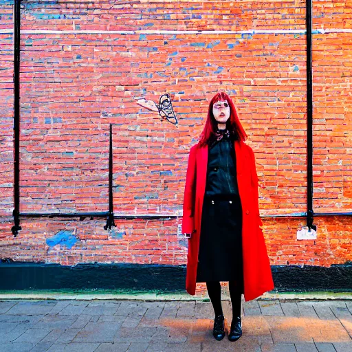 Prompt: un ultra high definition editorial photographic portrait of a female designer standing outside her unique red brick london art studio wearing all eclectic clothes. wide angle. three point light. golden hour, golden ratio, ray tracing, volumetric light and shadow, shallow depth of field.