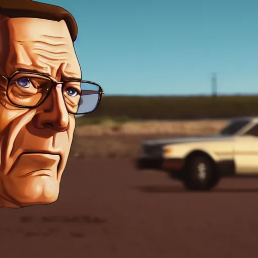 Image similar to Portrait of Hank Hill in Breaking Bad, splash art, movie still, cinematic lighting, dramatic, octane render, long lens, shallow depth of field, bokeh, anamorphic lens flare, 8k, hyper detailed, 35mm film grain