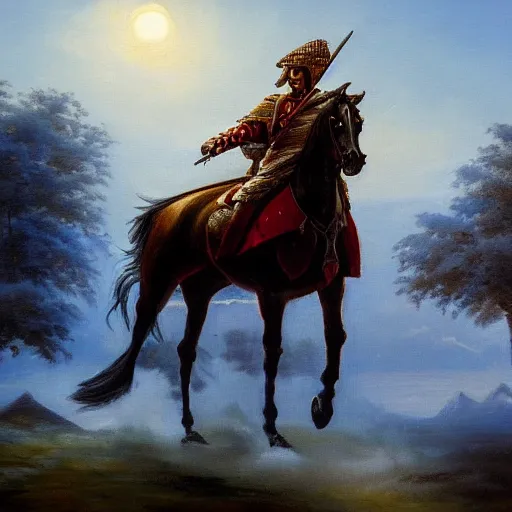 Prompt: oil painting of a warrior on a horse in front of a misty castle, fantasy, detailed, dawn