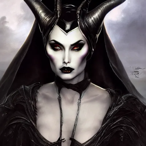 Image similar to kerli koiv as maleficent, darkwave, darksynth, concept headshot art, sharp, digital matte painting, art by luis royo, greg rutkowski, wlop, dramatic lighting, trending on artstation