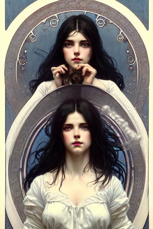 Image similar to ultra realistic, Beautiful black haired woman, Porcelain white complexion, big blue eyes, cute small lips., wearing jeans and white blouse, whip in hand, intricate details, eerie, highly detailed, octane render, 8k, art by artgerm and alphonse mucha and greg rutkowski