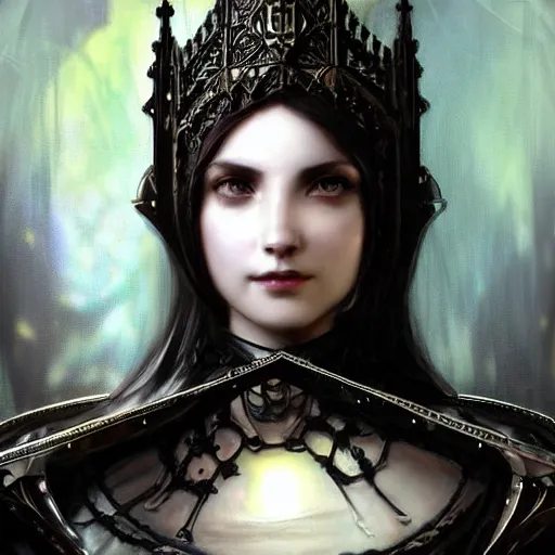 Image similar to beautiful victorian and luxury and goddess and gothic female medieval Black armor knight portrait+shiny eyes+front face with light flowing hair, ultradetail face, ruined gothic cathedral, art and illustration by tian zi and craig mullins and WLOP and alphonse mucha, ssci-fi, fantasy, intricate complexity, human structure, hypermaximalist, fantasy character concept, dynamic lighting, neon light, watermark, blurry, hyperrealism 8k