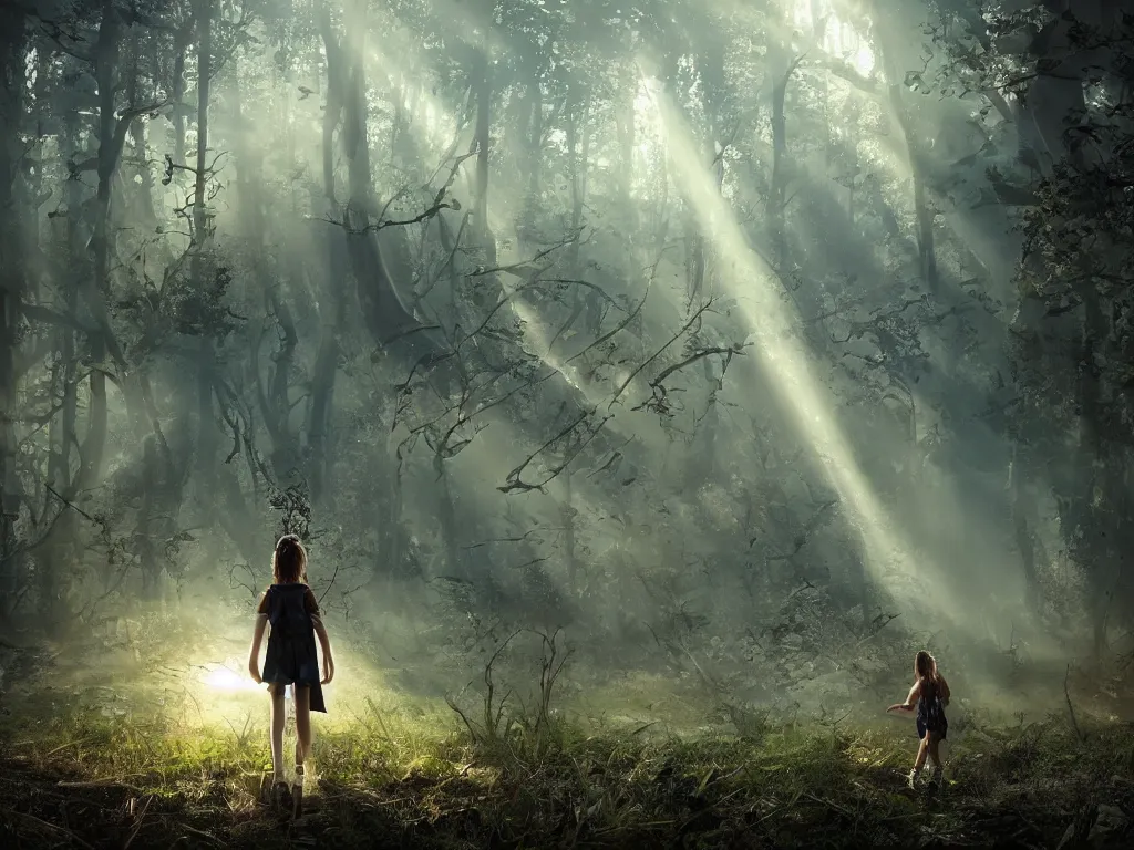 Image similar to the great beyond, sci - fi scene future new york, little girl holding a hand of a big robot, forest punk, crepuscular rays, epic scene, hyper realistic, photo realistic, overgrowth, cinematic atmosphere, ethereal lighting