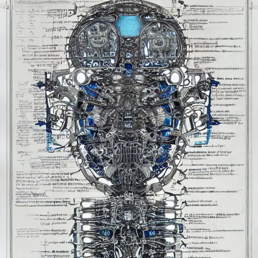 Prompt: schematic blueprint of highly detailed ornate filigreed convoluted ornamented elaborate cybernetic medical equipment, art by da vinci