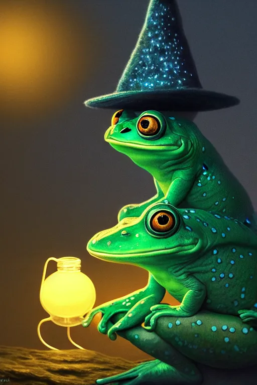 Prompt: Bioluminescent, portrait of frog wearing wizard hat, very intricate , trending on artstation , very elegant, in the golden hour by Daniel Merriam, Trending on Artstation, oil on Canvas by Elena Zhurikhina and Goro Fujita and Charlie Bowater, octane render, 4k, 8k, HD