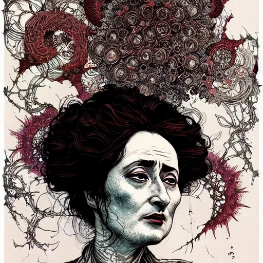 Prompt: portrait of rosa luxemburg painted in ian mcque style drawn by vania zouravliov and takato yamamoto, inspired by fractal flowers, intricate acrylic gouache painting, high detail, sharp high detail, artstation