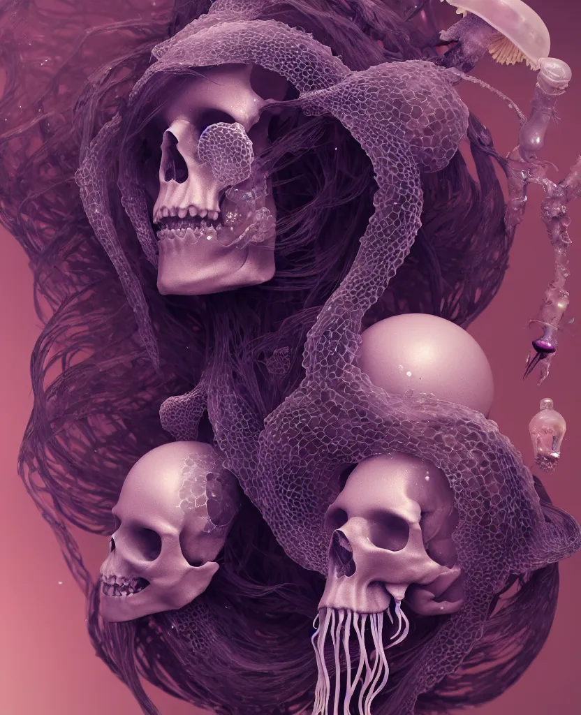 Image similar to goddess close - up portrait human skeleton, ram skull, jellyfish, orchid, betta fish, bioluminiscent, intricate artwork by tooth wu and wlop and beeple. octane render, trending on artstation, greg rutkowski very coherent symmetrical artwork. cinematic, hyper realism, high detail, octane render, 8 k