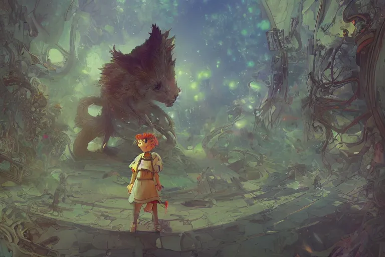 Image similar to a dreamy otherworldly 3 d render of anthropomorphic cyborg rodent on pathway to castle, studio ghibli, pixar and disney exploded - view drawing, sharp, disney octane render splatter paint vray by shinji kimura and alphonse mucha and alena aenami, maximalist pastel color palette, ( ( bloom ) ), dramatic lighting