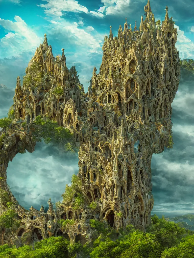 Prompt: stunning wide angle view of an ancient gaudi designed castle on top of a green stone island in the middle of a deep green wavy sea, sun through majestic clouds, highly detailed rock structures, artistic composition, sharp focus on houses, intricate concept art, digital painting, colorful flat surreal design, hd, 8 k, artstation, ambient lighting