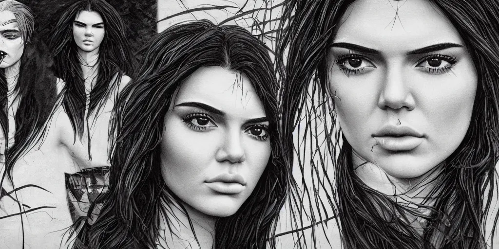 Prompt: hyper realistic kendall jenner on a coachella stage in the style of a slipknot album cover, minimal art style, highly detailed, intricate, digital painting, artstation, 3 5 mm film grain