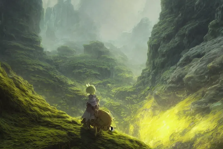 Prompt: made in abyss concept art riko reg yellow hair extra detailed green eyes full body landscape digital painting illustration wlop James Jean Marc Simonetti Ruan Jia and Mandy Jurgens and Artgerm and William-Adolphe Bouguerea greg rutkowski Gustave Dore trending on artstation pixiv hyperdetailed Unreal Engine 4k 8k ultra HD