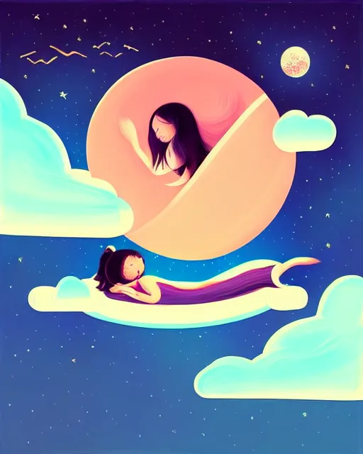 Image similar to beautiful painting of little girl sleeping on her flying bed, art by petros afshar, art by cheng hsiao - ron, sky night, illustration, highly detailed, simple, smooth and clean vector curves, no jagged lines, vector art, smooth, artstation