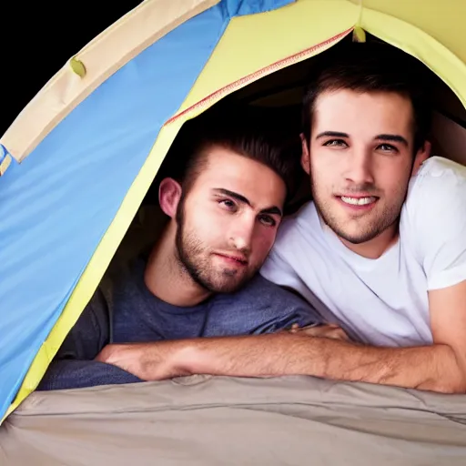 Image similar to two very handsome young men are cuddling in a tent