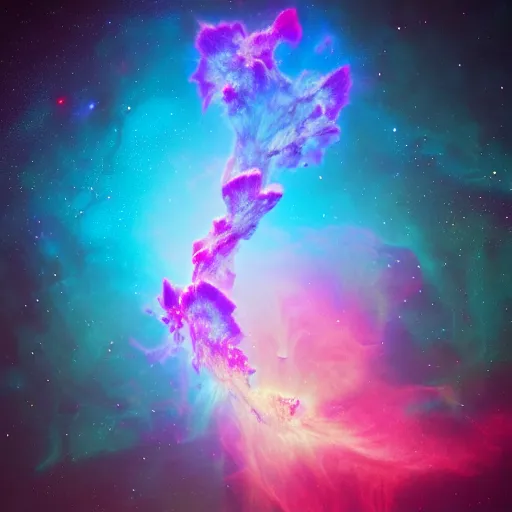 Prompt: Gnarly Fractal Nebula by Beeple:3, a 8k instax film rendered in Cinema4D:4, collaboration between Zdzisław Beksiński and Salvador Dali:3, mutant Myxogastria spores in a luminescent nebula:4, hyperrealistic flickr:3