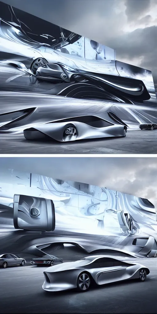 Image similar to sci-fi 3d zaha hadid architects car and wall structure car, in the coronation of napoleon painting, and digital billboard in the middle. octane render pinterest, keyshot product render, water reflections gloss shiny in luquid