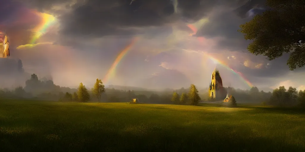 Image similar to idyllic church chapel with a steeple in a lush countryside meadow forest, rainbow across the sky, ethereal, golden swirling dust, iridescent, atmospheric, volumetric, cinematic, light breaking through clouds, greg rutkowski, wlop, otherworldly, glowing, trending on artstation, 8 k, unreal engine