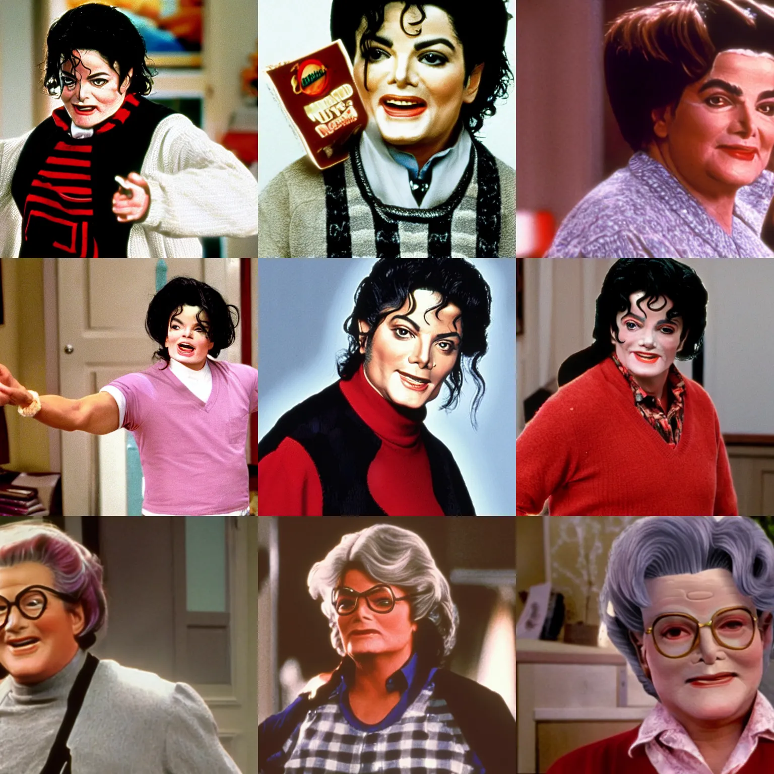 Prompt: michael jackson as mrs doubtfire, still image from the movie