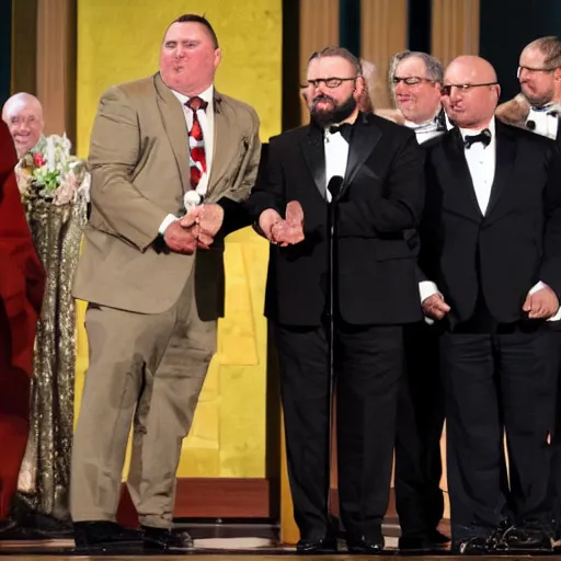 Prompt: a 6 foot stocky body type man with short brown hair and a short brown beard on stage accepting a nobel peace prize in the style of a renaissance painting