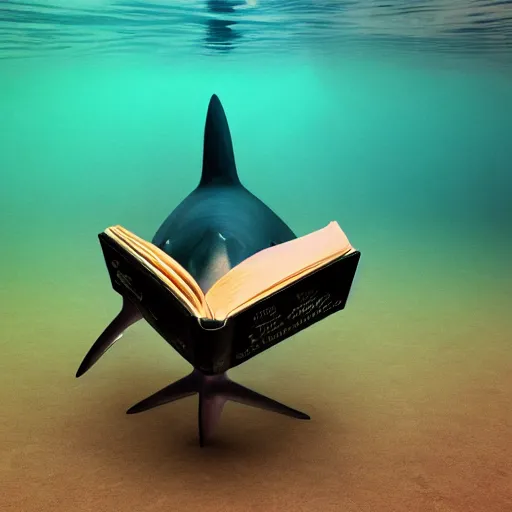 Image similar to a shark sitting in a chair reading a book underwater realistic hdr 8 k 3 5 mm