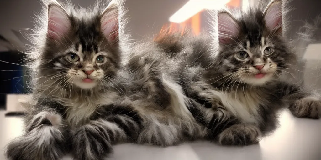 Image similar to a 3 d rendered movie still maine coon kitten descendant 1 million in the future. kitten wears a spacesuit, and explores cosmos in a space ship with a cat tree. science fiction blockbuster movie kittens rule the world or what's on tv? kittens!, dramatic lighting, imax 7 0 mm. digital art, buzz lightyear ( film )